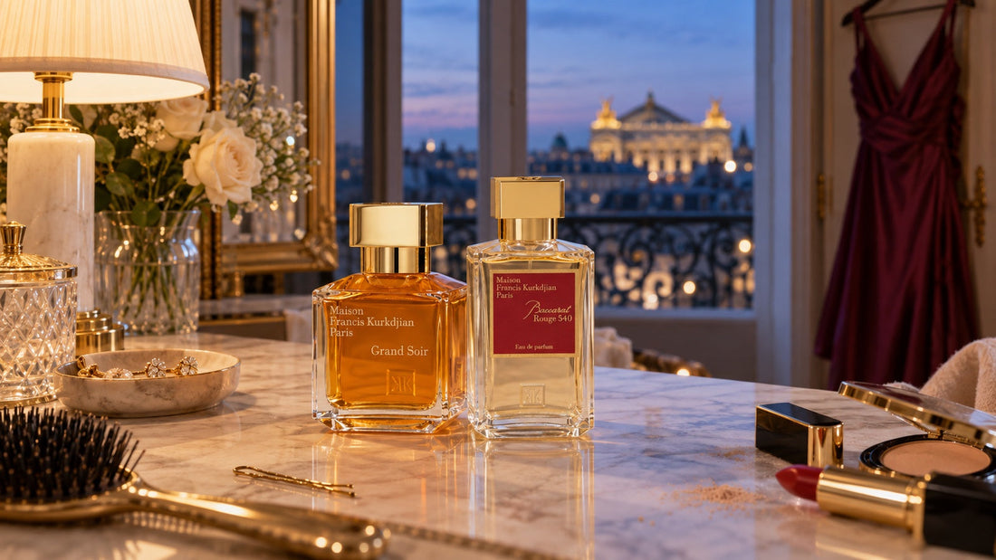 Grand Soir a Baccarat Rouge 540 na toaletním stolku večer v Paříži