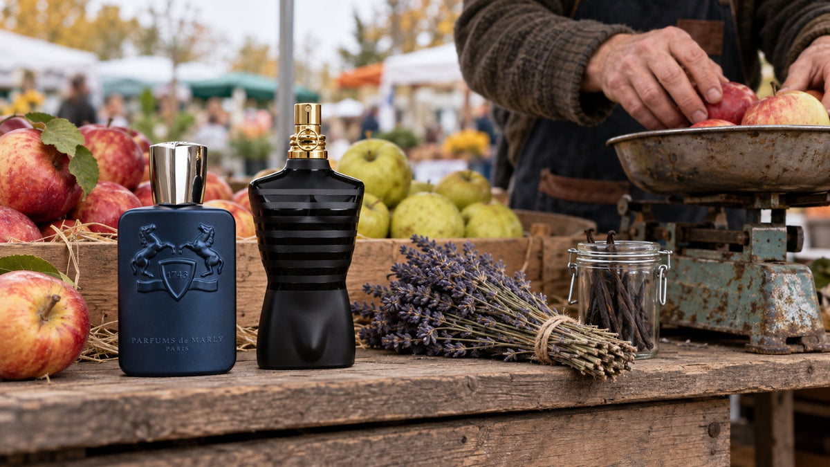 Parfums de Marly Layton a Le Male Le Parfum na stánku s jablky