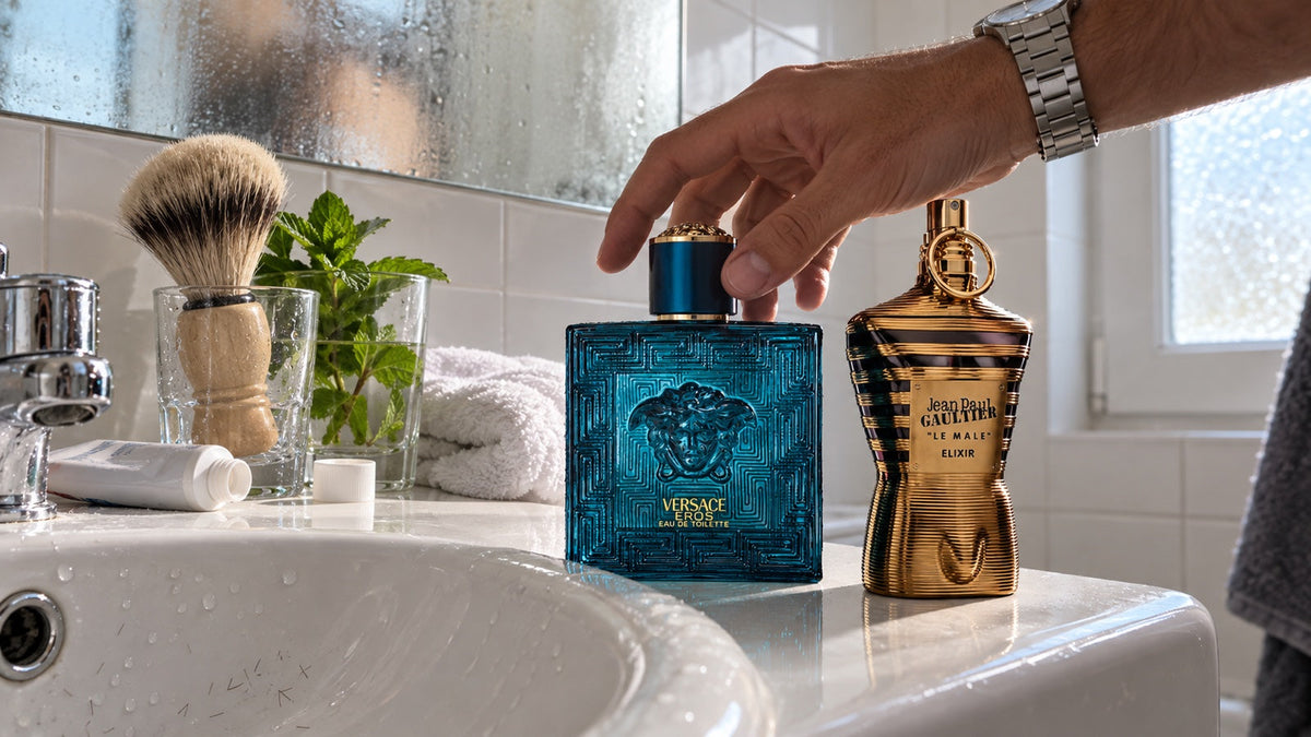 Versace Eros a Jean Paul Gaultier Le Male Elixir na umyvadle v koupelně