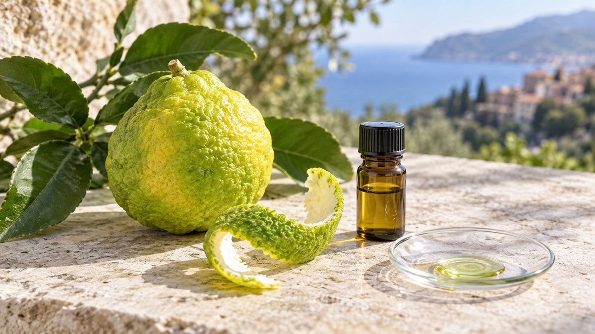 Ilustračná fotografia bergamotu, aromatickej kôry a oleja používaného v parfumérii.