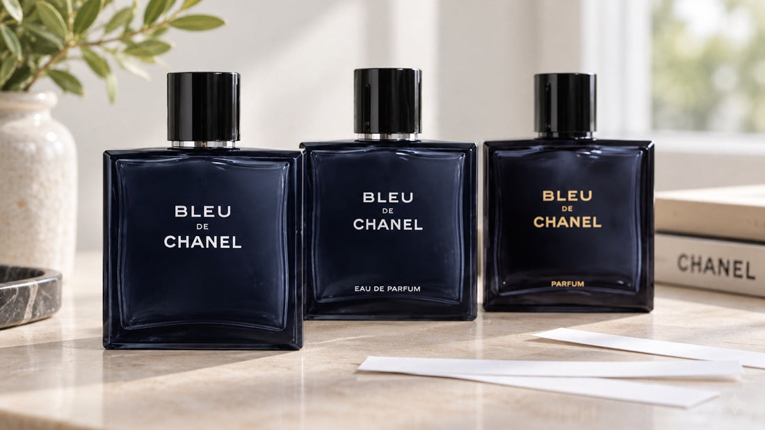 A Bleu de Chanel Eau de Toilette, Eau de Parfum és Parfum üvegei lágy természetes fényben.