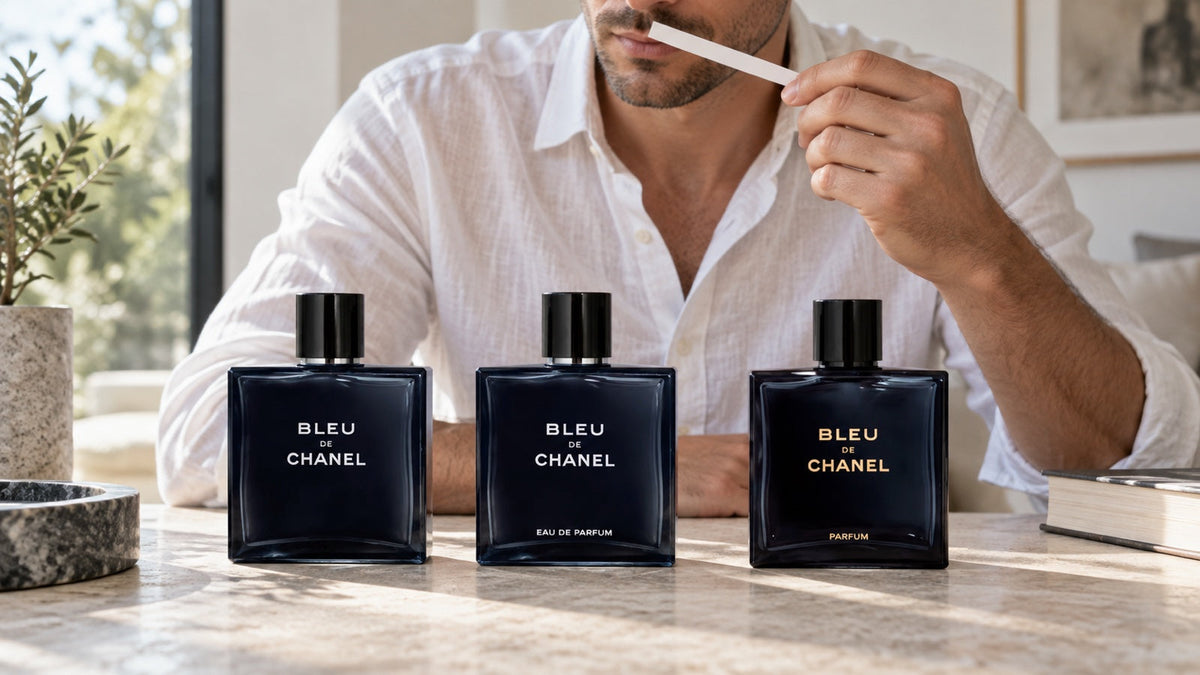 Tri flakóny Bleu de Chanel: Eau de Toilette, Eau de Parfum a Parfum v jemnom dennom svetle.