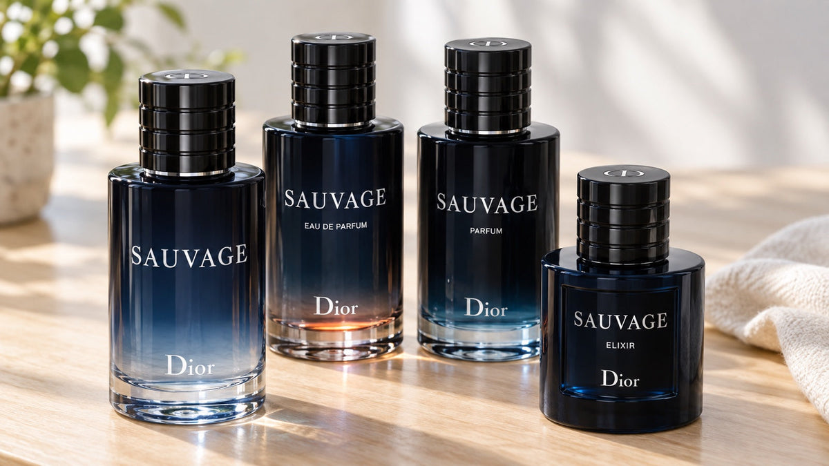 A Dior Sauvage Eau de Toilette, Eau de Parfum, Parfum és Elixir üvegei természetes fényben.