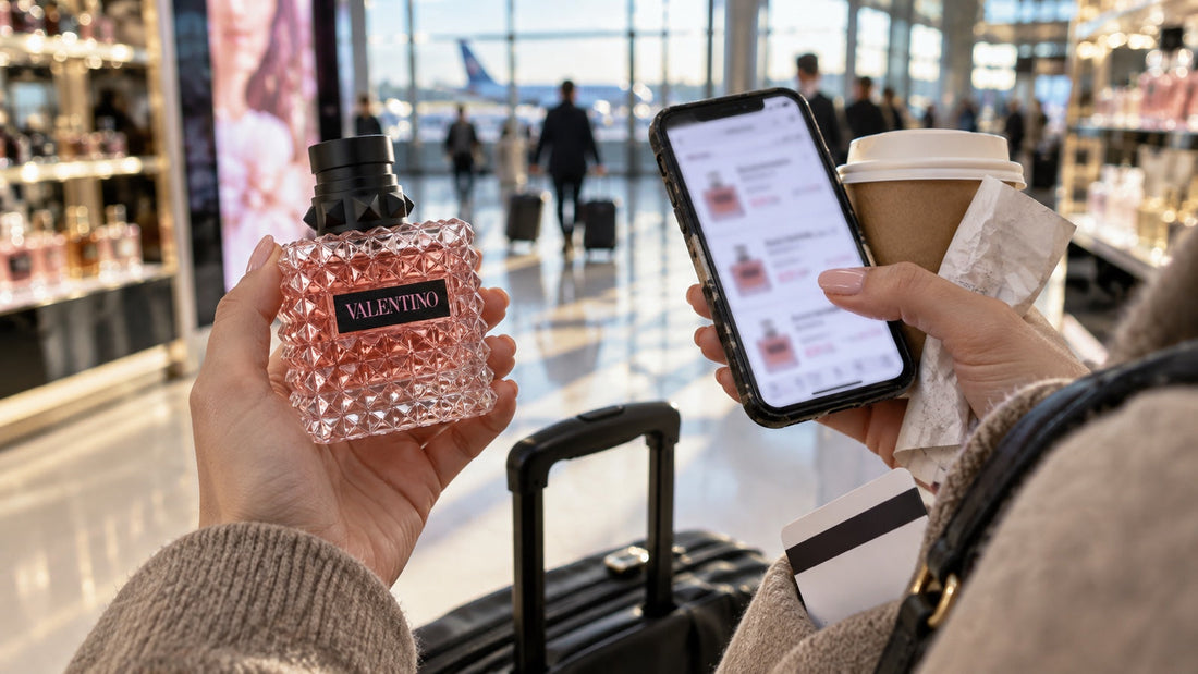 Cestovatel v duty free drží Valentino Born in Roma a porovnává cenu v mobilu