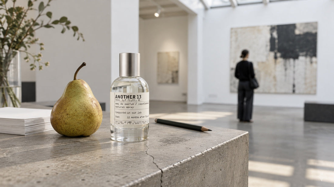 Le Labo Another 13 na betonovém pultu v galerii s hruškou