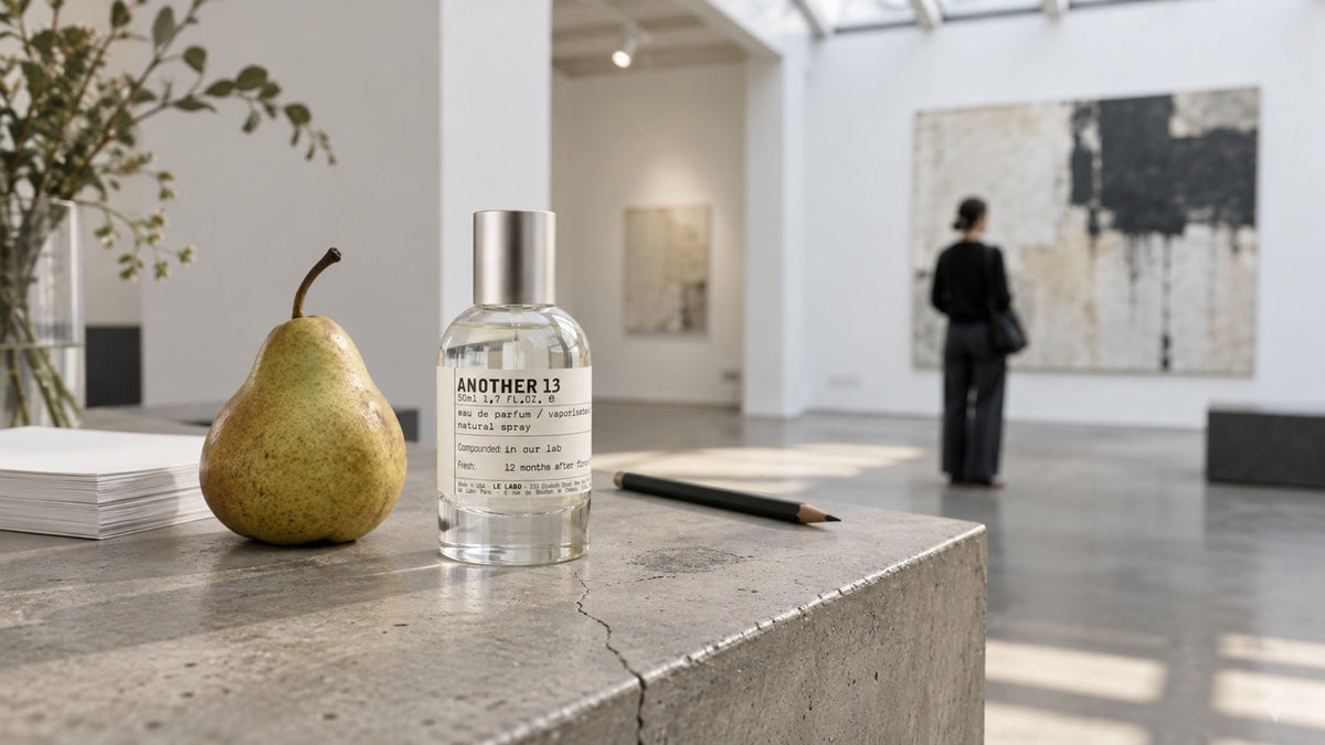 Le Labo Another 13 na betonovém pultu v galerii s hruškou