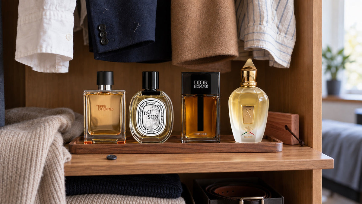 Terre d'Hermès, Do Son, Dior Homme Intense a Naxos jako parfémový šatník ve skříni