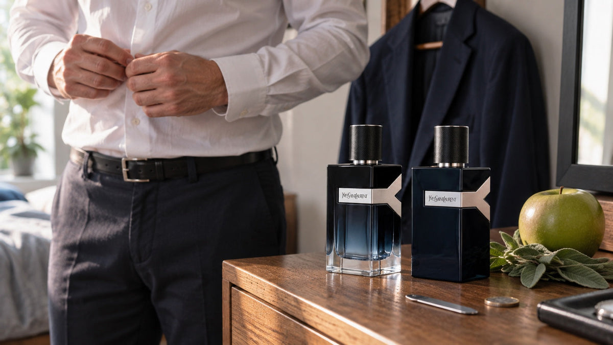 YSL Y EDP a Y Le Parfum na komodě s jablkem a šalvějí