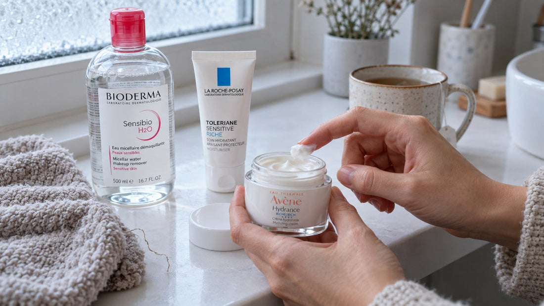 Zimní péče o pleť: krémy Avène a La Roche-Posay a micelární voda Bioderma u zamrzlého okna
