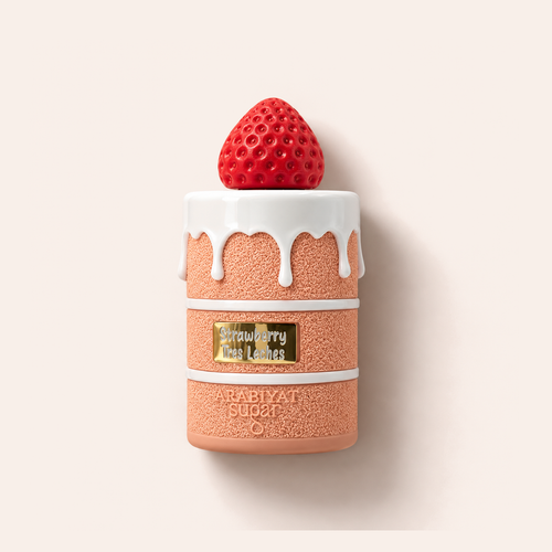Arabiyat Sugar Strawberry Tres Leches EDP 100 ml – titulní fotografie flakonu položeného na béžovém pozadí – MrRizz