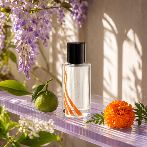Alice by Alice Bendová na skleněné polici s vistárií, zelenou mandarinkou a aksamitníkem – MrRizz