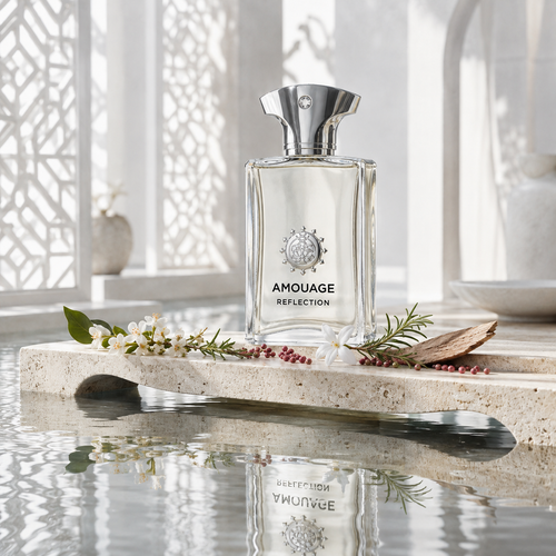 Amouage Reflection Man v emocionální světlé scéně s neroli, rozmarýnem a jasmínem – MrRizz
