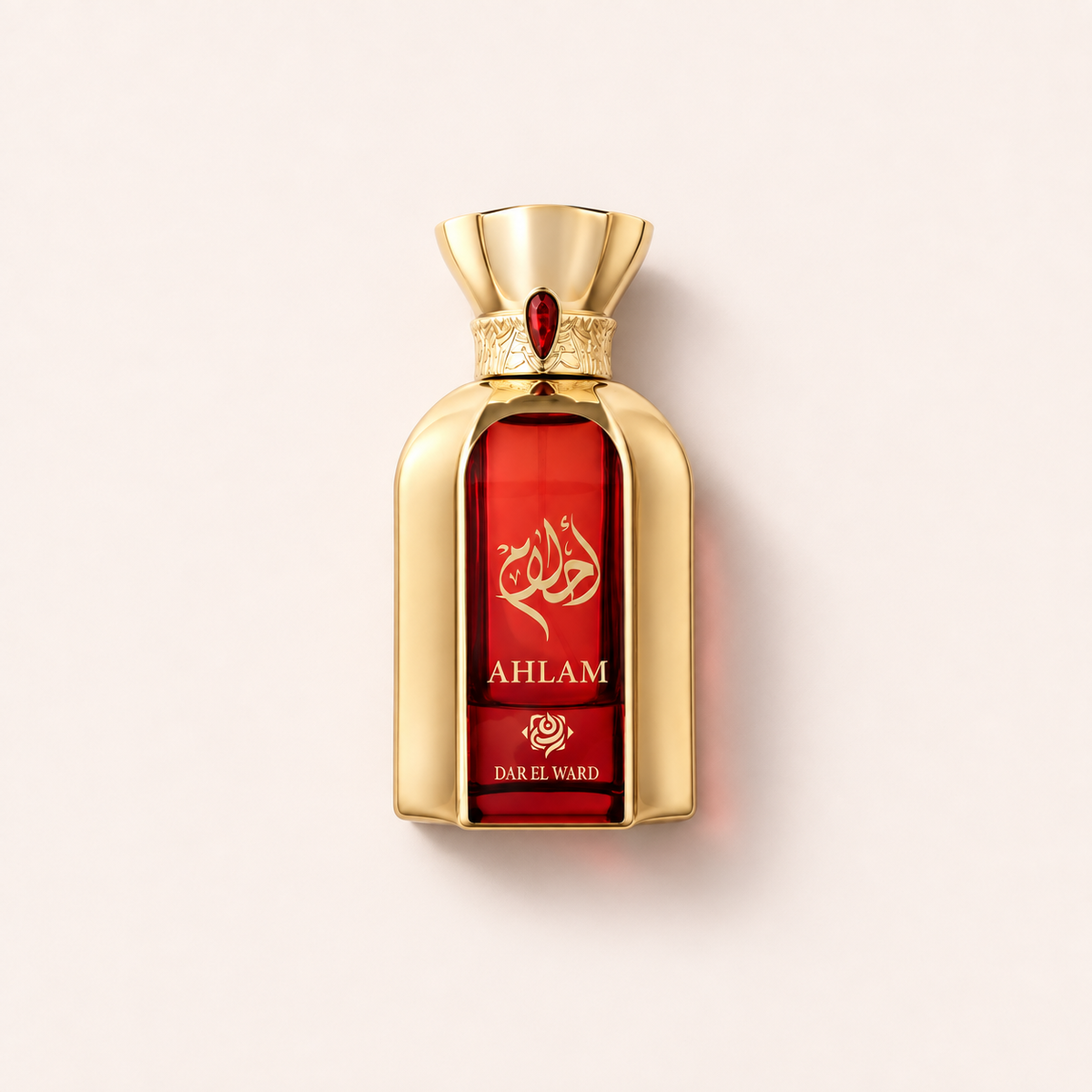 Zlatý flakon Dar El Ward Ahlam EDP 100 ml s rubínově červeným průčelím a ozdobným uzávěrem – MrRizz