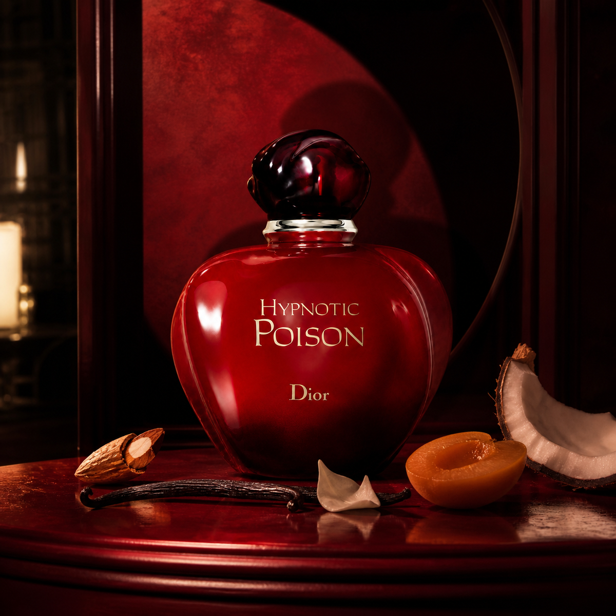 Dior Hypnotic Poison v rudém večerním zátiší s mandlí, meruňkou, kokosem a vanilkou – MrRizz