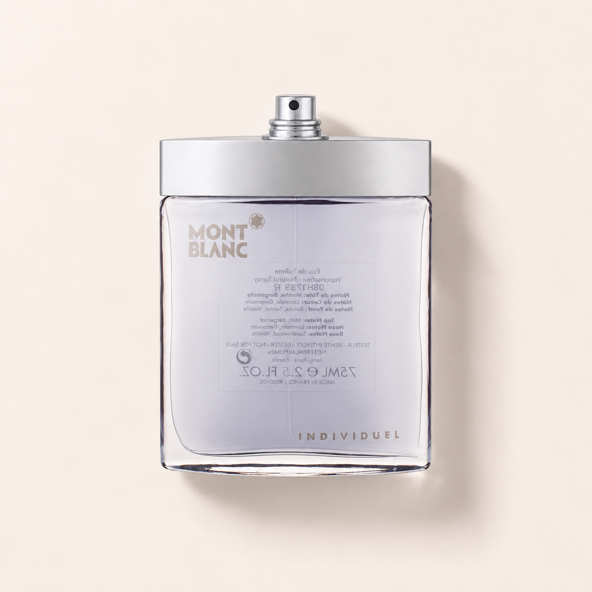 Flakon toaletní vody Montblanc Individuel 75 ml tester na světlém pozadí – MrRizz