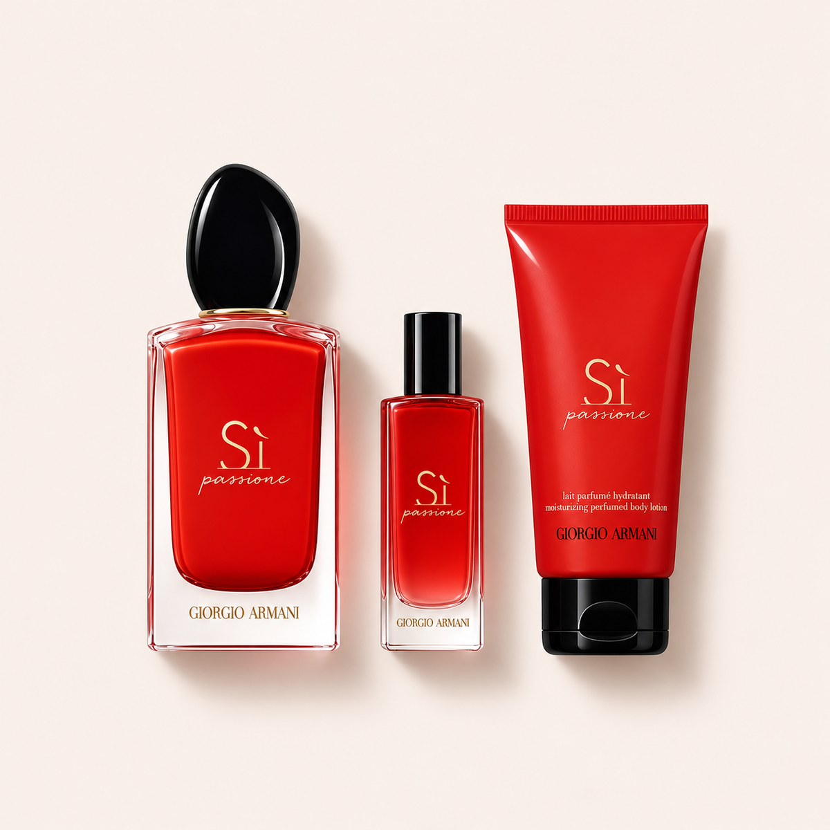 Giorgio Armani Sì Passione dárková sada 100 ml + 15 ml + 75 ml – titulní produktová fotografie – MrRizz