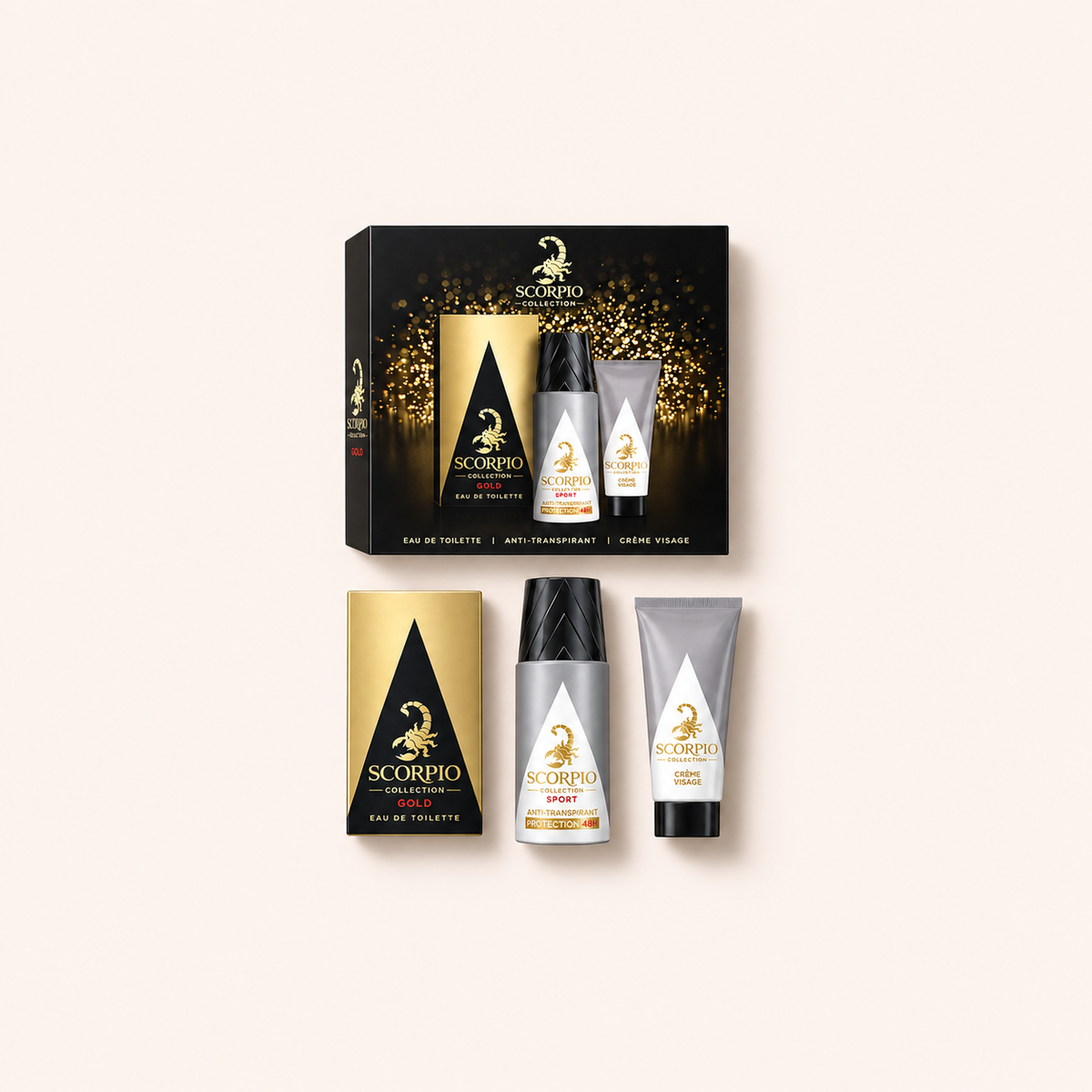 Scorpio Collection Gold dárková sada EDT 75 ml + deodorant 150 ml + gel na obličej 50 ml – produktová fotografie
