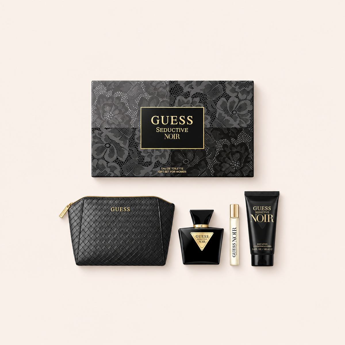 GUESS Seductive Noir dárková sada EDT 75 ml + 15 ml + tělové mléko 100 ml + taštička – produktová fotografie