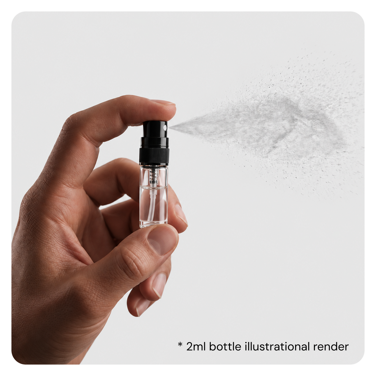 Aplikace vzorku parfému – odstřik ze skleněného rozprašovače v ruce, ilustrační vizualizace