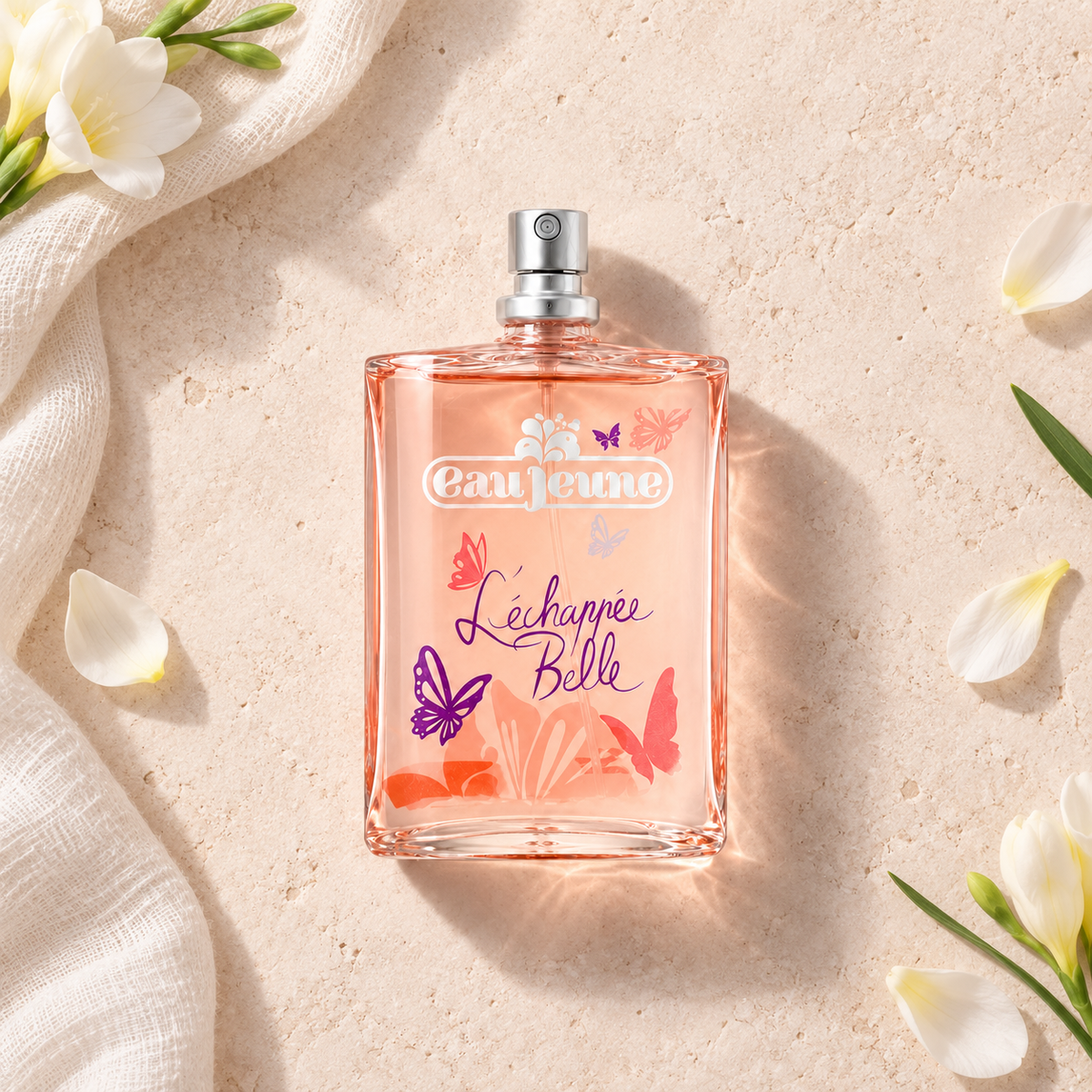 Eau Jeune L'Échappée Belle 75 ml – parfém v prostředí, pohled shora s bočním stínem