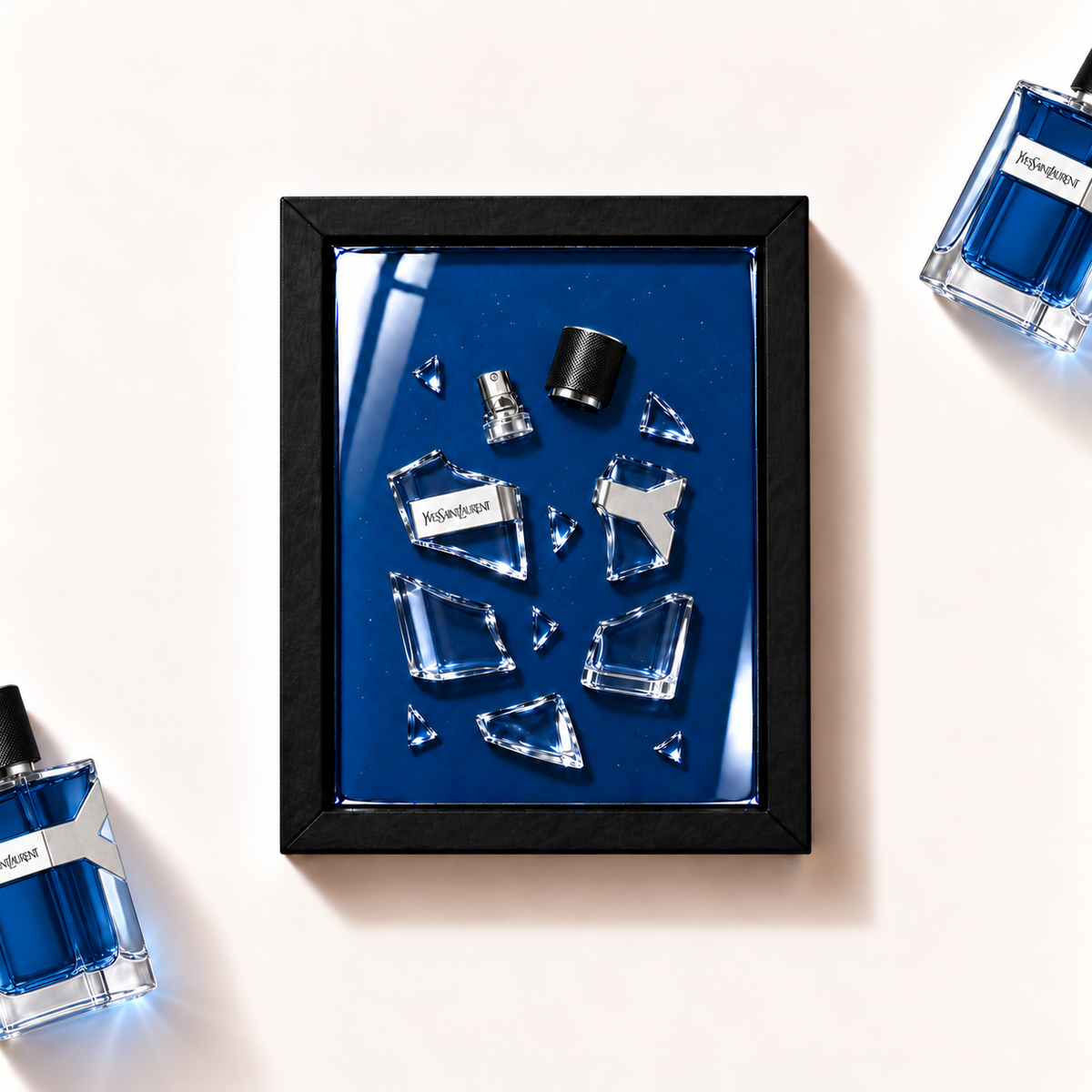 Parfemovy obraz Yves Saint Laurent Iced Cologne v cernem ramu - ilustracni fotografie