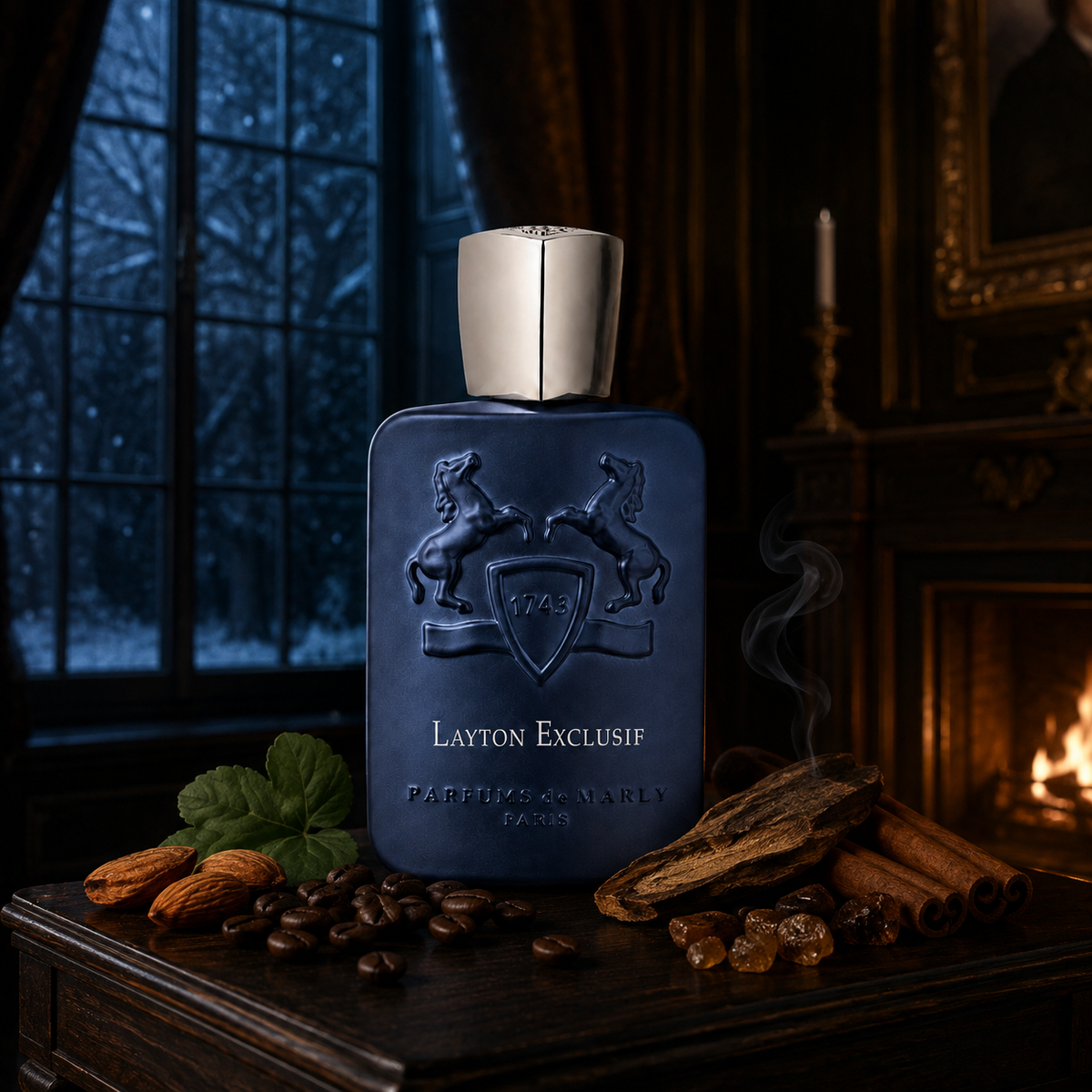 Parfums de Marly Layton Exclusif v temném zimním zátiší s kořením a dřevem – MrRizz