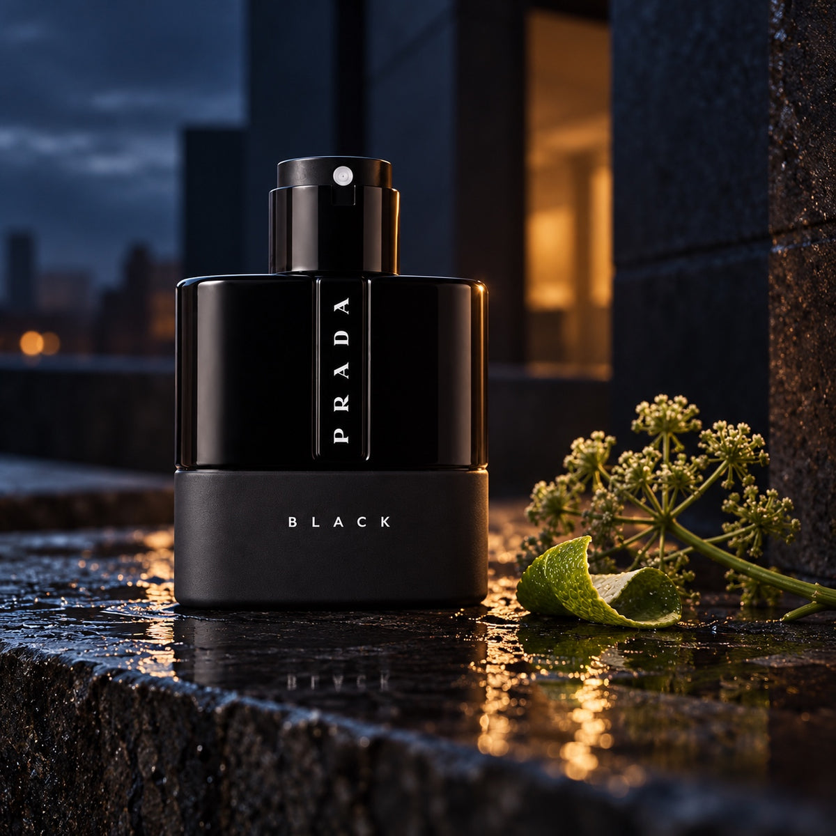 Prada Luna Rossa Black v temném večerním zátiší s andělikou a bergamotem – MrRizz