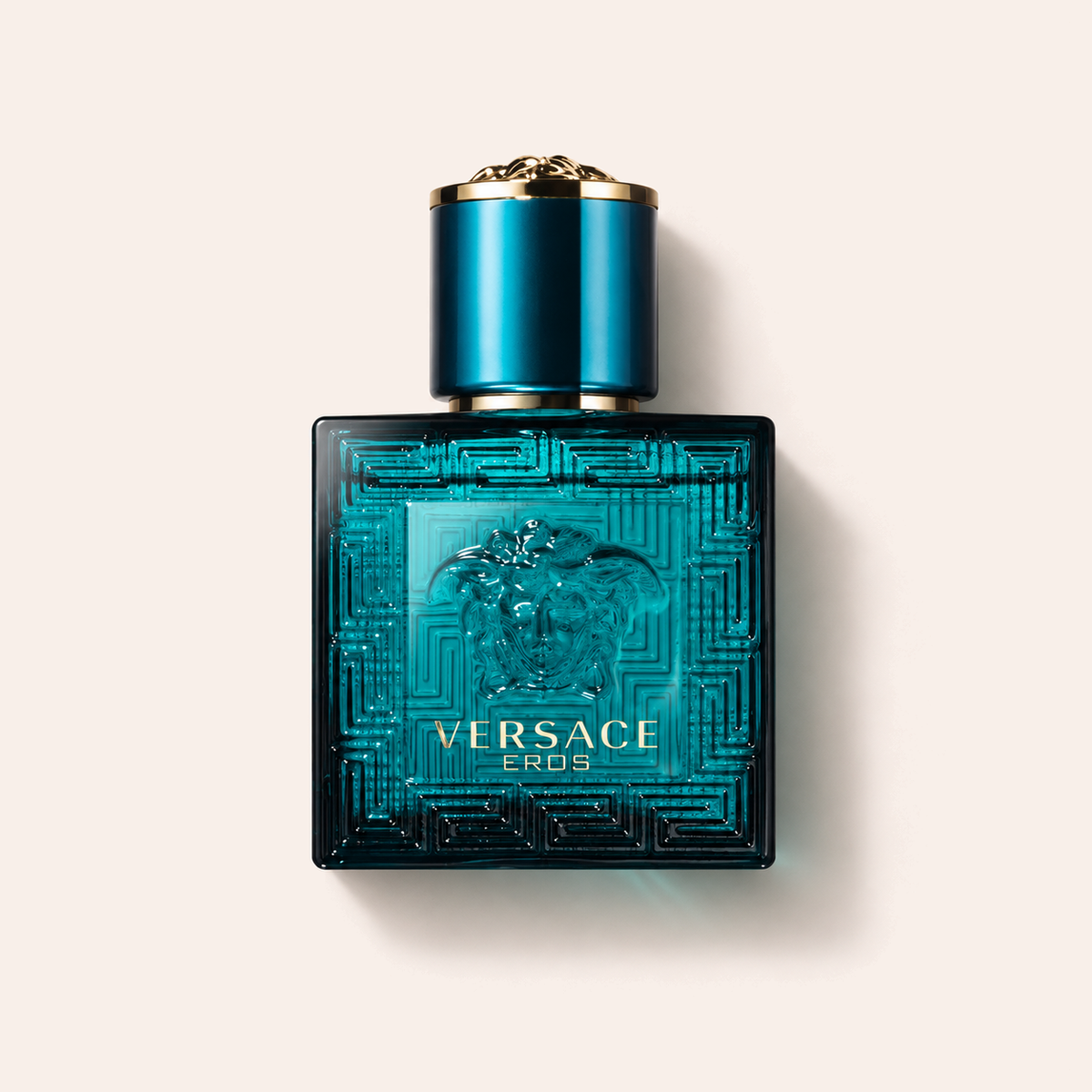 Versace Eros EDT 30 ml, tyrkysový flakon na světlém pozadí – MrRizz