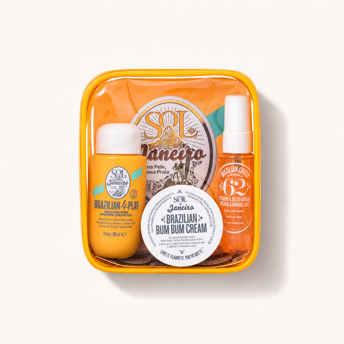 Sol de Janeiro Brazilian Bum Bum Jet Set sada se sprchovým gelem 90 ml, tělovou mlhou 30 ml a krémem 50 ml v kosmetické taštičce – MrRizz