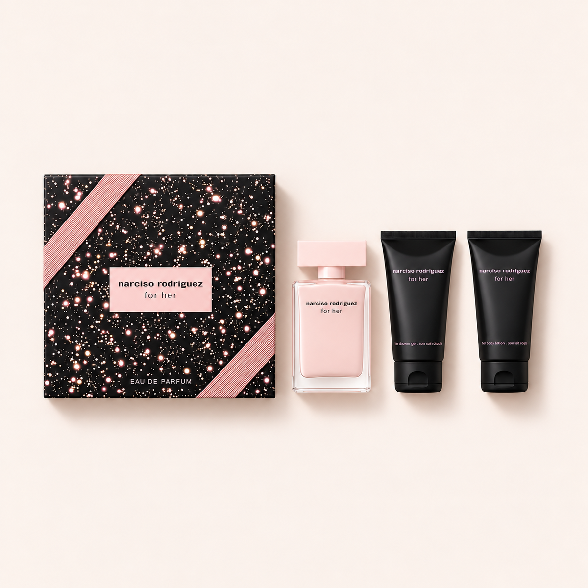 Narciso Rodriguez For Her – sada Eau de Parfum 50 ml, tělové mléko 50 ml a sprchový gel 50 ml