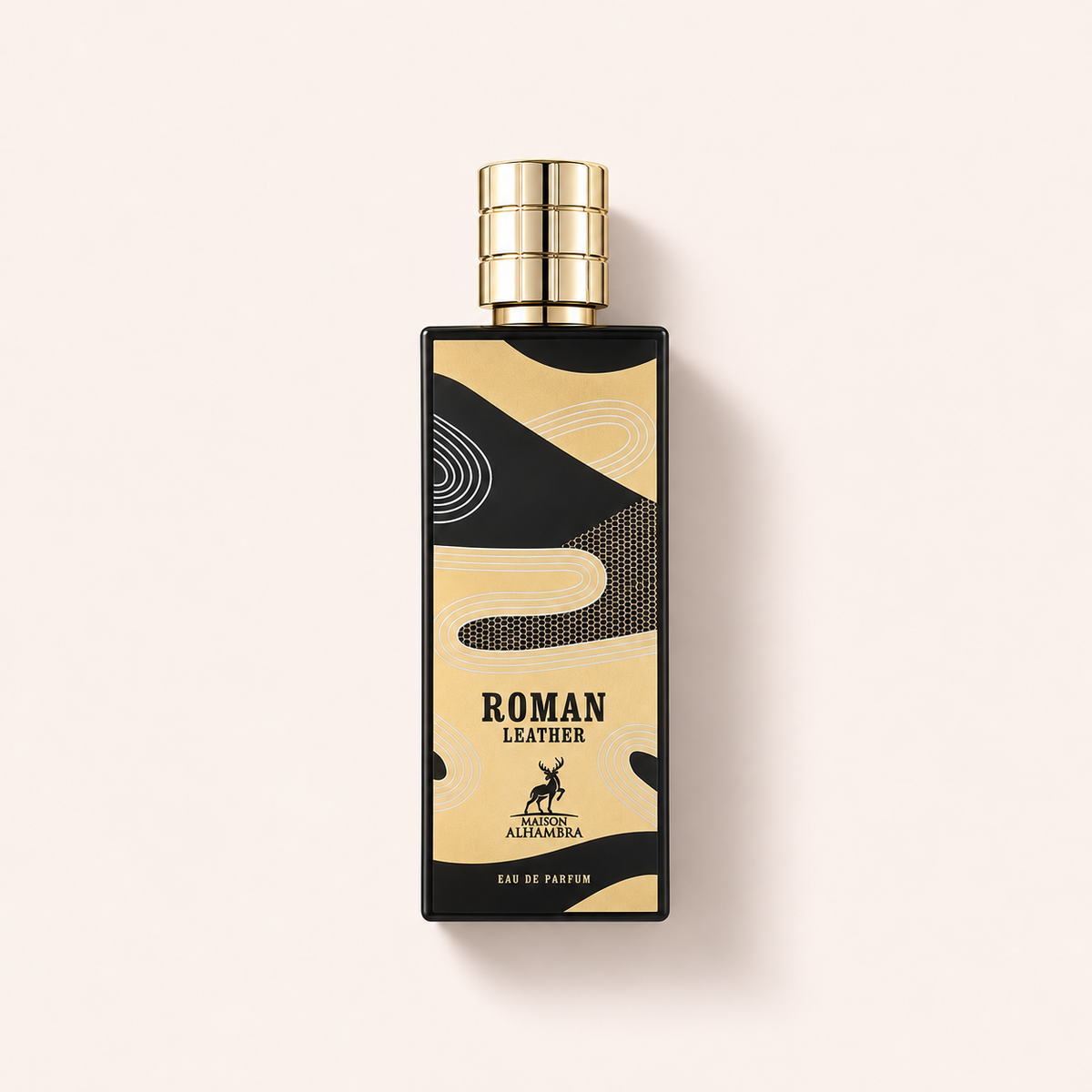 Maison Alhambra Roman Leather 80 ml – flakon parfému, pohled shora na béžovém pozadí – MrRizz