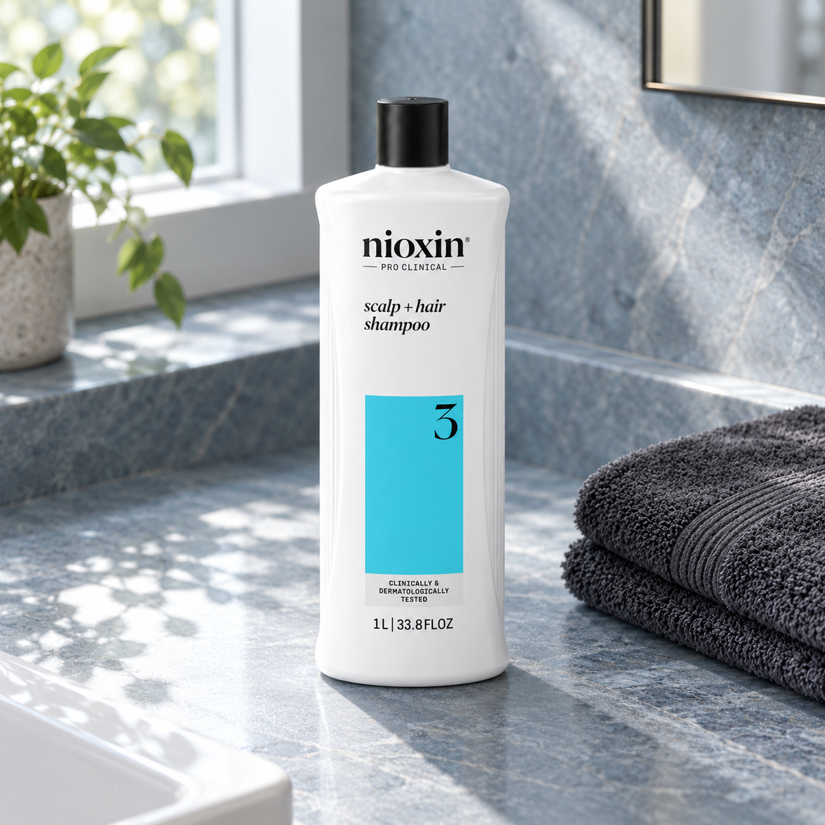 Nioxin System 3 Scalp + Hair Shampoo 1000 ml – atmosférická fotografie – MrRizz