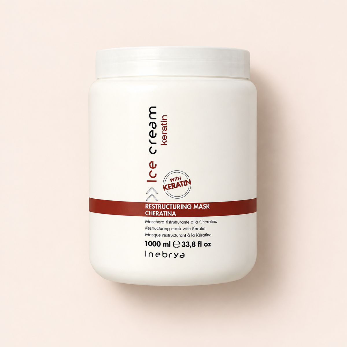 Maska na vlasy Inebrya Ice Cream Keratin Restructuring Mask 1000 ml na béžovém pozadí – MrRizz