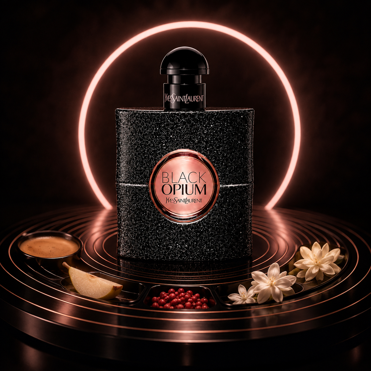 Yves Saint Laurent Black Opium EDP před růžovým světelným kruhem s kávou, hruškou a bílými květy – MrRizz